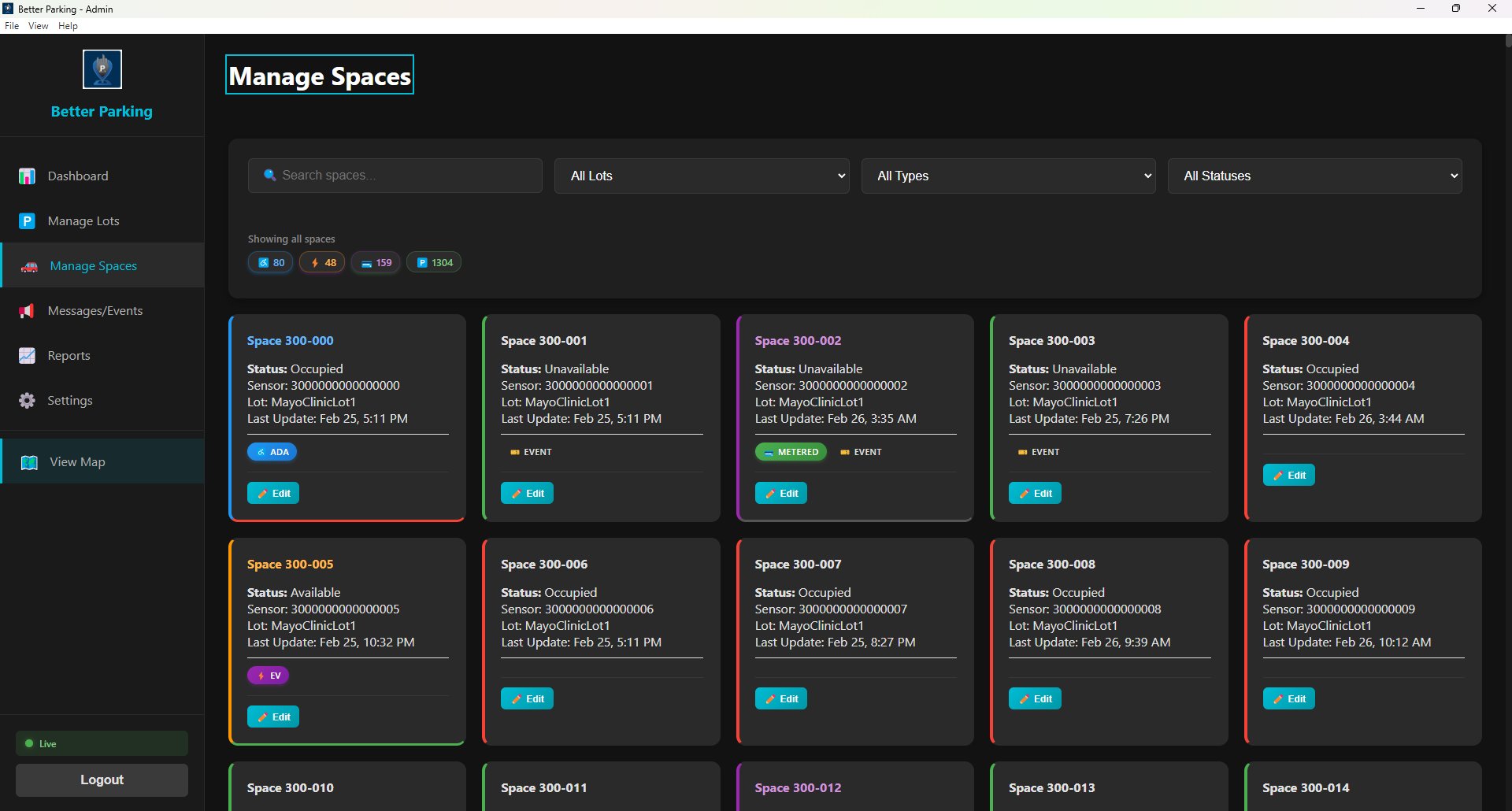 Better Parking - Manage Spaces View